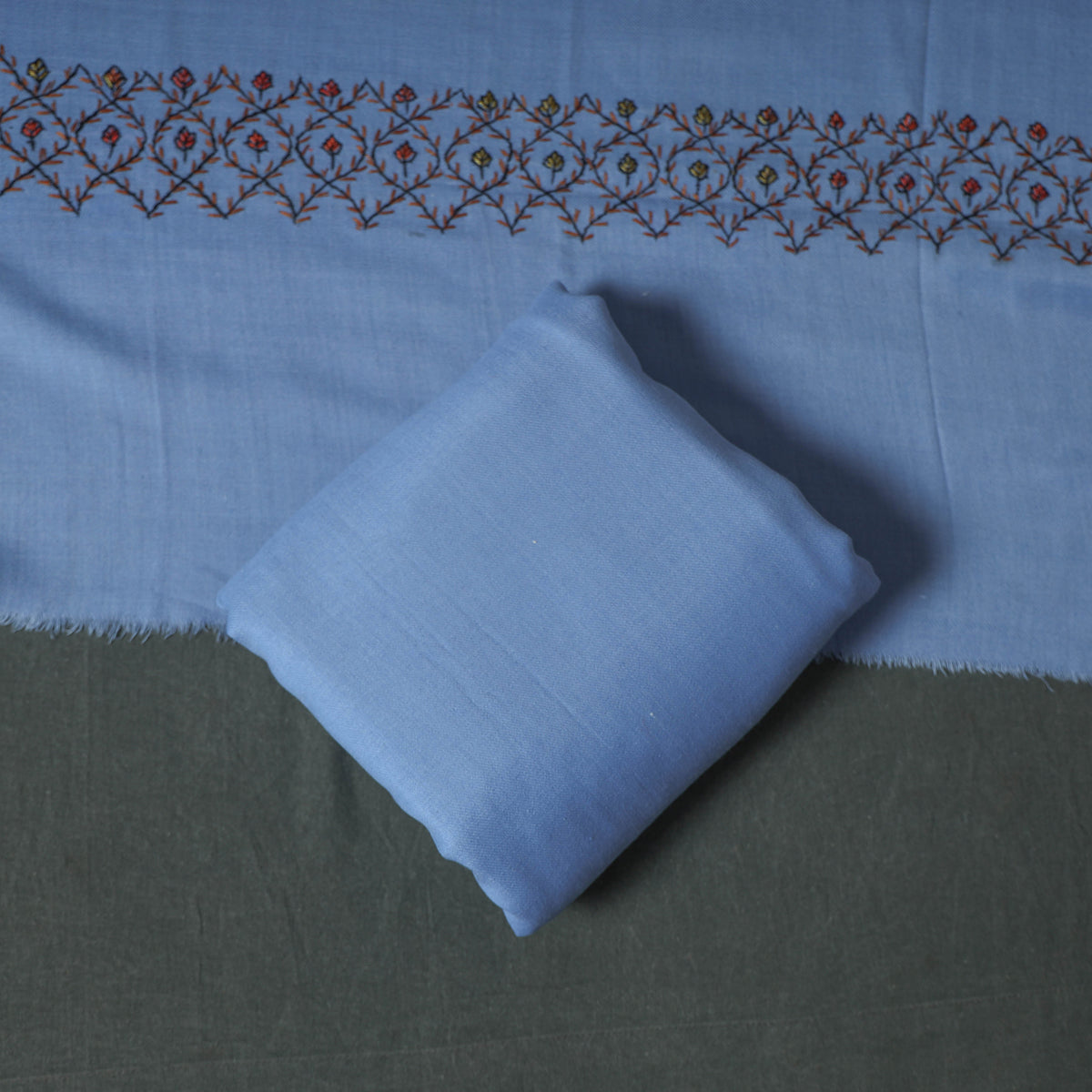 Kashmiri Sozni Hand Embroidered Pure Merino Wool Unstitched Dress Material: Kurta, Bottom with Dupatta 06