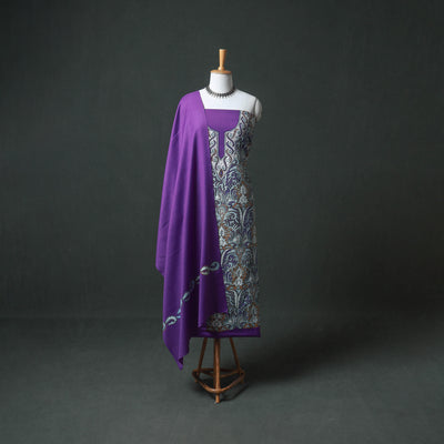 Kashmiri Aari & Sozni Hand Embroidered Cutwork Pure Merino Wool Unstitched Dress Material: Kurta, Bottom with Dupatta 07