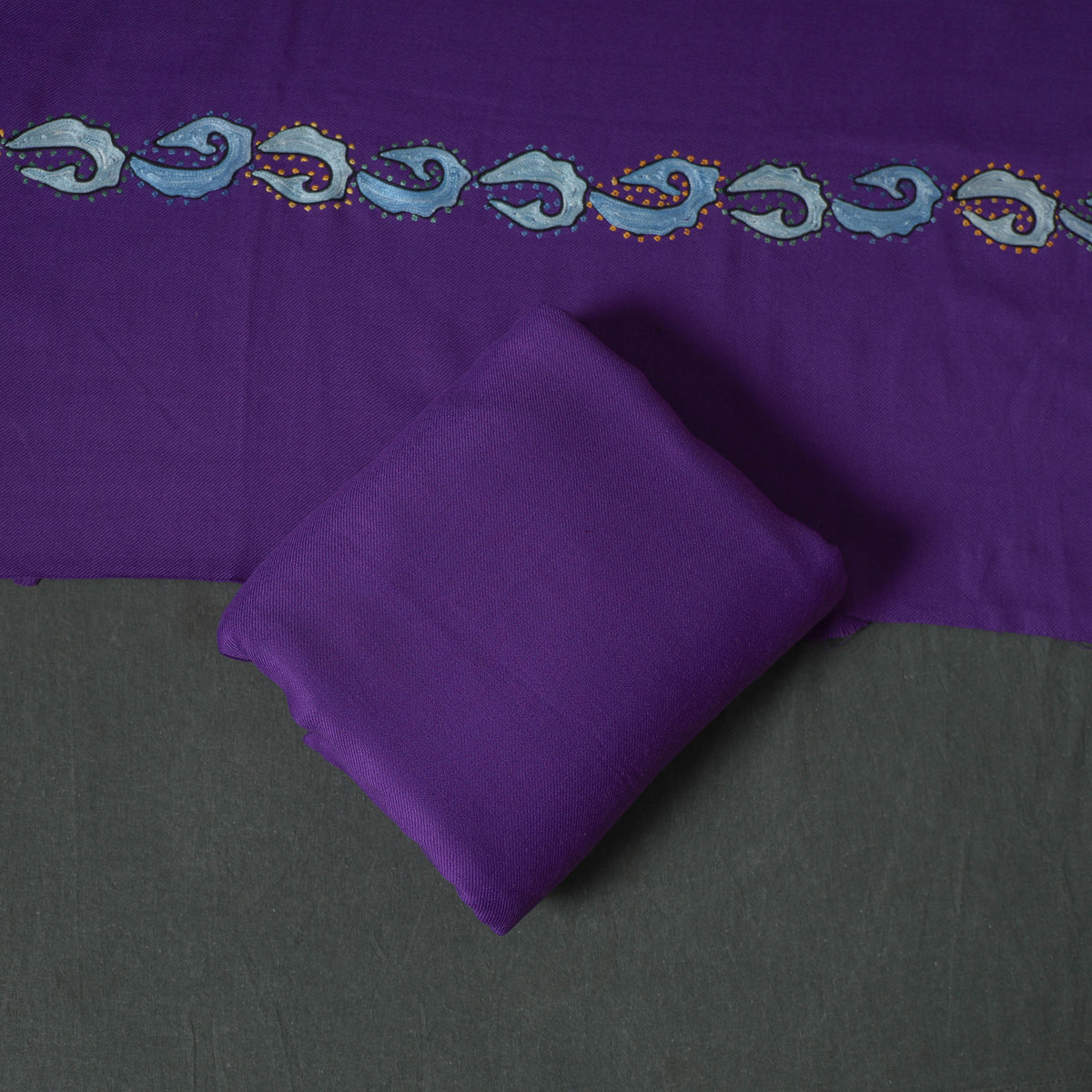 Kashmiri Aari & Sozni Hand Embroidered Cutwork Pure Merino Wool Unstitched Dress Material: Kurta, Bottom with Dupatta 07