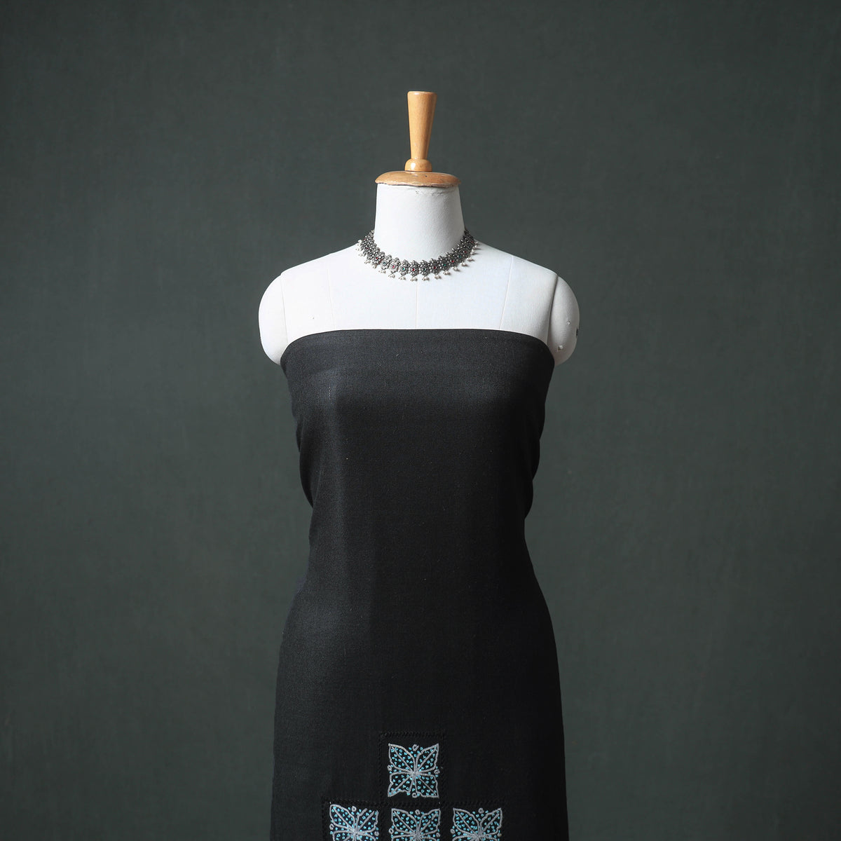 Kashmiri Aari & Sozni Hand Embroidered Cutwork Pure Merino Wool Unstitched Dress Material: Kurta, Bottom with Dupatta 08