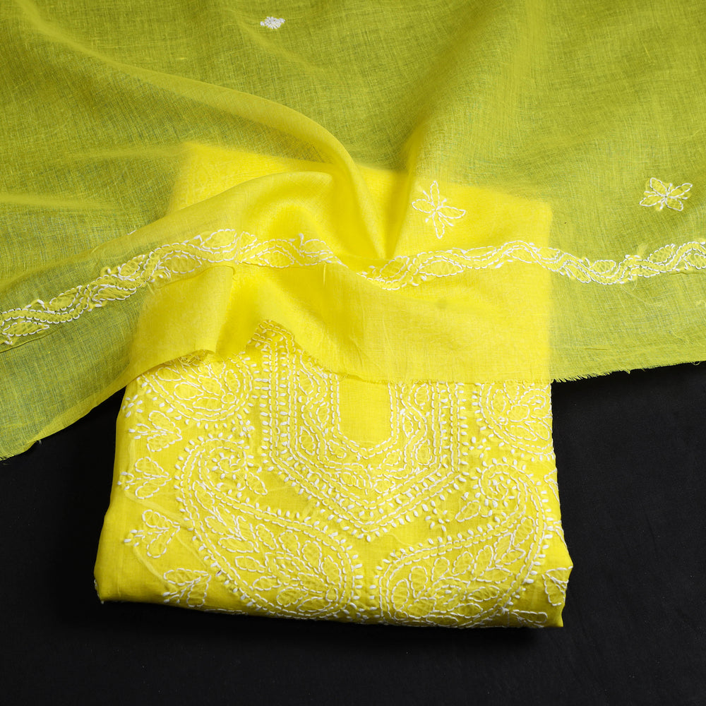 Yellow - 3pc Hand Embroidery Cotton Chikankari Dress Material 30