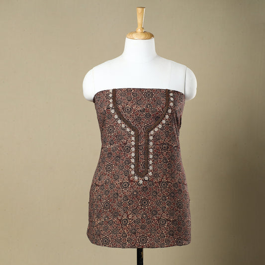 Brown - Ajrakh Block Printed Zardozi & Bead Work Embroidered Cotton Kurta Material - 2.7 Meter