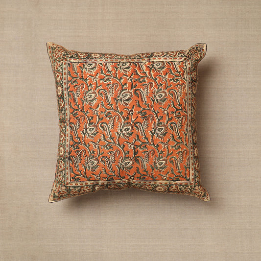Orange - Original Pedana Kalamkari Block Printed Cotton Cushion Cover (16 x 16 in) 16