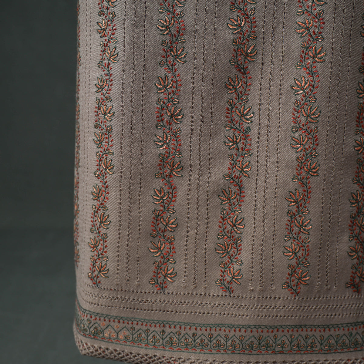 Kashmiri Aari Hand Embroidered Cutwork Pure Merino Wool Unstitched Dress Material: Kurta, Bottom with Dupatta 09