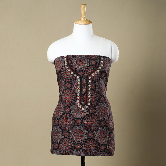 Black - Ajrakh Block Printed Zardozi & Bead Work Embroidered Cotton Kurta Material - 2.65 Meter