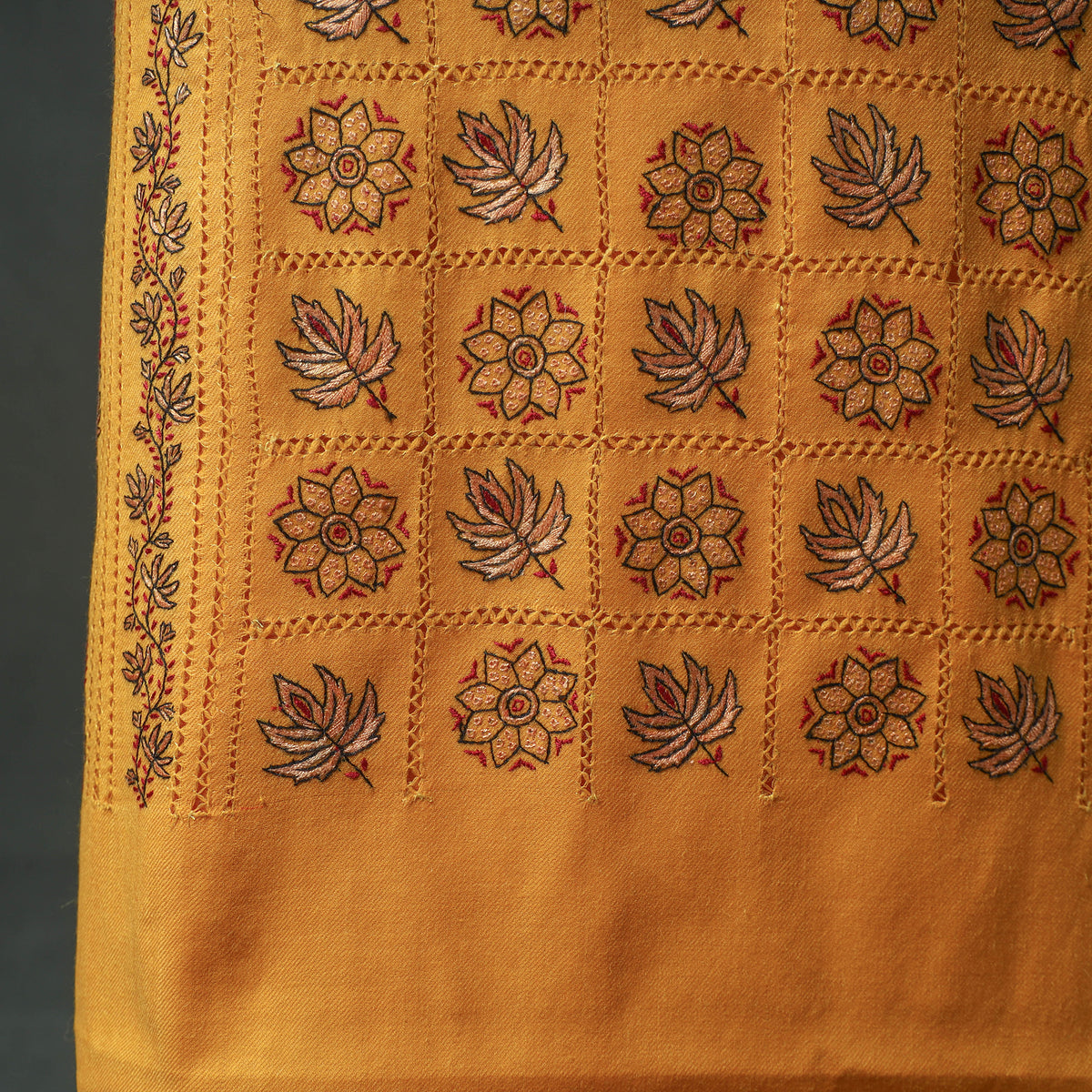Kashmiri Aari Hand Embroidered Cutwork Pure Merino Wool Unstitched Dress Material: Kurta, Bottom with Dupatta 10