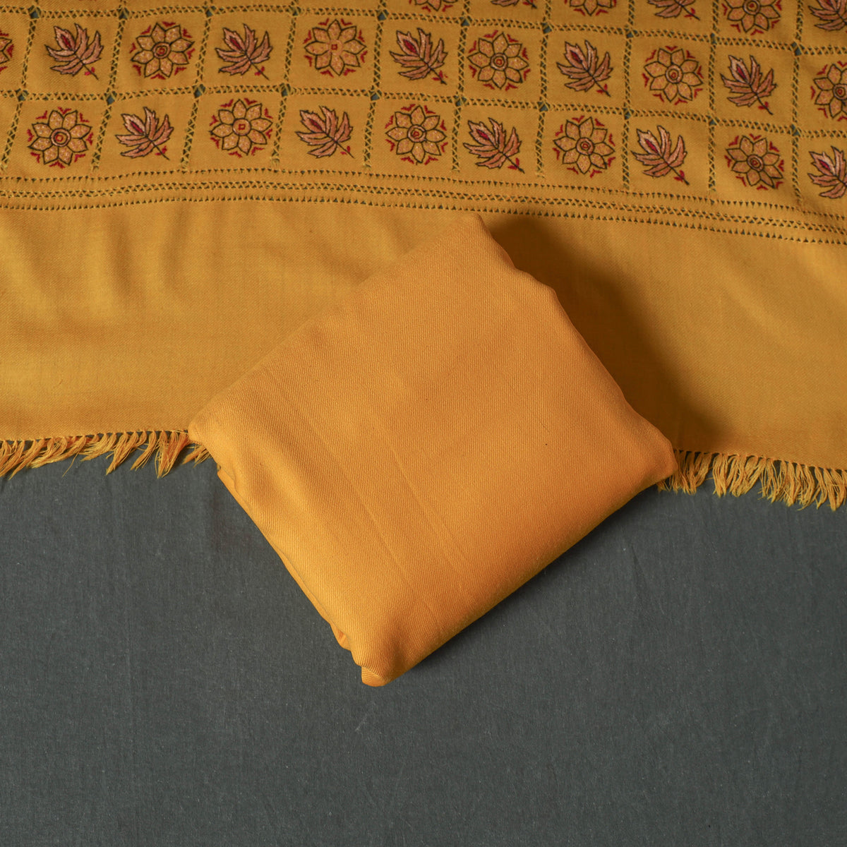 Kashmiri Aari Hand Embroidered Cutwork Pure Merino Wool Unstitched Dress Material: Kurta, Bottom with Dupatta 10