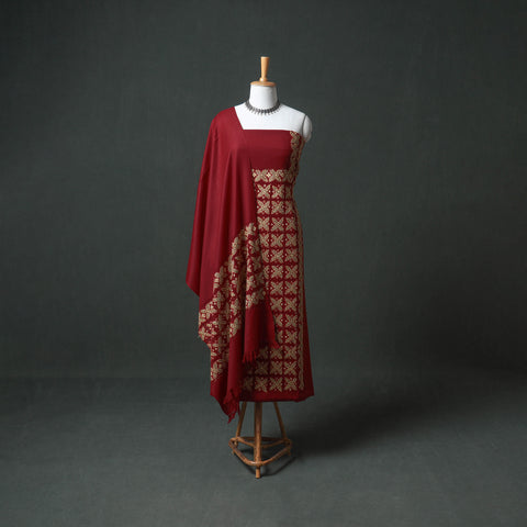 Kashmiri Aari Hand Embroidered Cutwork Pure Merino Wool Unstitched Dress Material: Kurta, Bottom with Dupatta 11