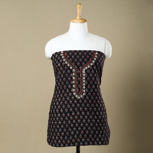 Black - Ajrakh Block Printed Zardozi & Bead Work Embroidered Cotton Kurta Material - 2.5 Meter