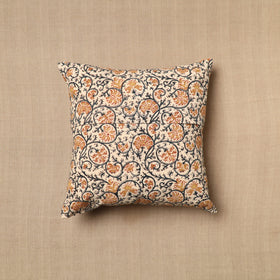 Beige Pedana Block Print Cotton Kalamkari Cushion Cover