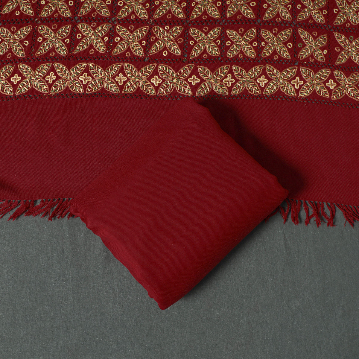 Kashmiri Aari Hand Embroidered Cutwork Pure Merino Wool Unstitched Dress Material: Kurta, Bottom with Dupatta 11