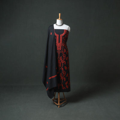 Kashmiri Aari Hand Embroidered Pure Merino Wool Unstitched Dress Material: Kurta, Bottom with Dupatta 12