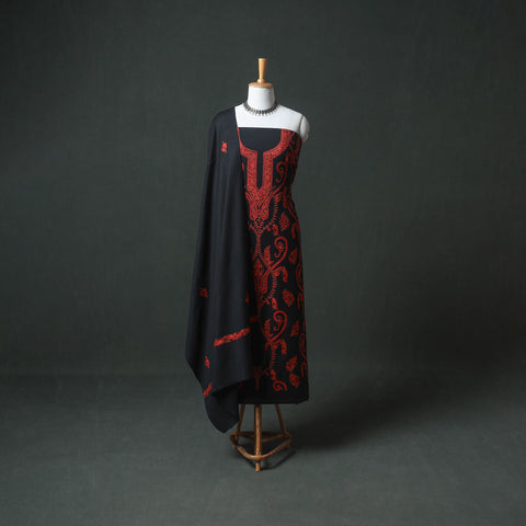 Kashmiri Aari Hand Embroidered Pure Merino Wool Unstitched Dress Material: Kurta, Bottom with Dupatta 12