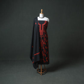 Kashmiri Aari Hand Embroidered Pure Merino Wool Unstitched Dress Material: Kurta, Bottom with Dupatta 12