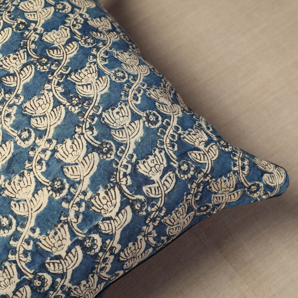 Blue - Kalamkari Block Printed Cotton Cushion Cover (16 x 16 in) 16