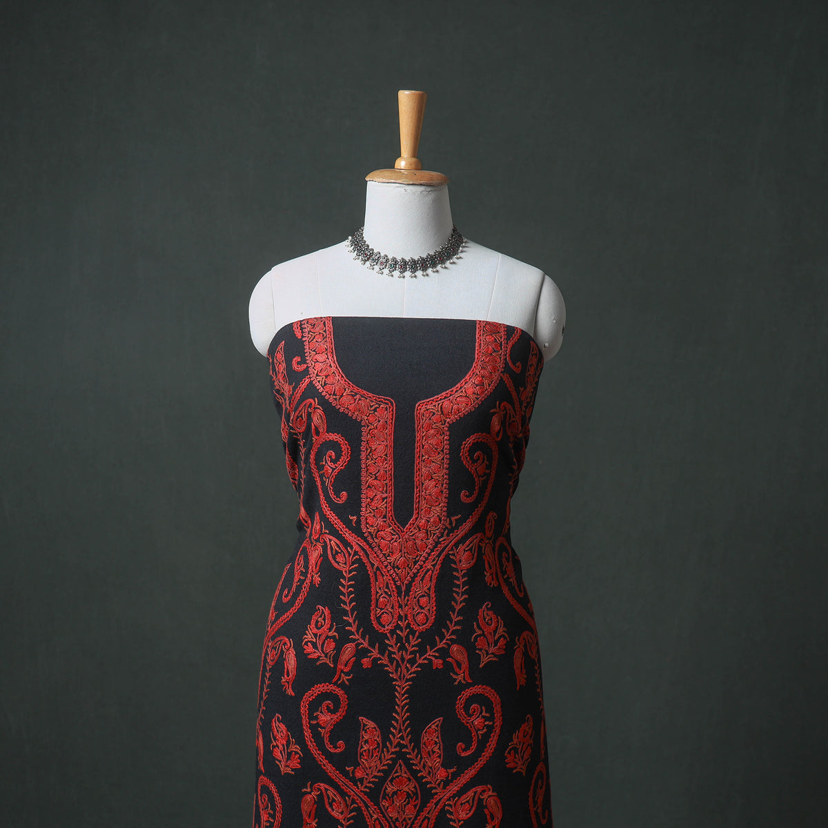 Kashmiri Aari Hand Embroidered Pure Merino Wool Unstitched Dress Material: Kurta, Bottom with Dupatta 12