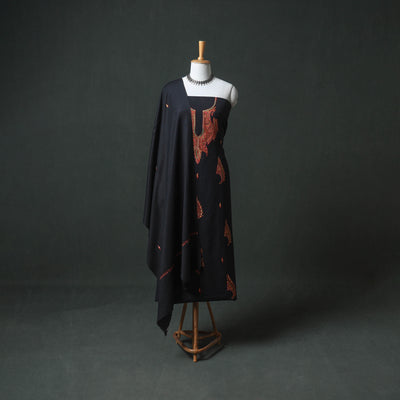 Kashmiri Sozni Hand Embroidered Pure Merino Wool Unstitched Dress Material: Kurta, Bottom with Dupatta 13