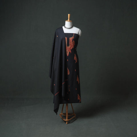 Kashmiri Sozni Hand Embroidered Pure Merino Wool Unstitched Dress Material: Kurta, Bottom with Dupatta 13