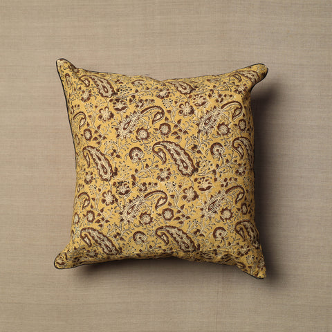 Yellow Block Print Cotton Kalamkari Cushion Cover