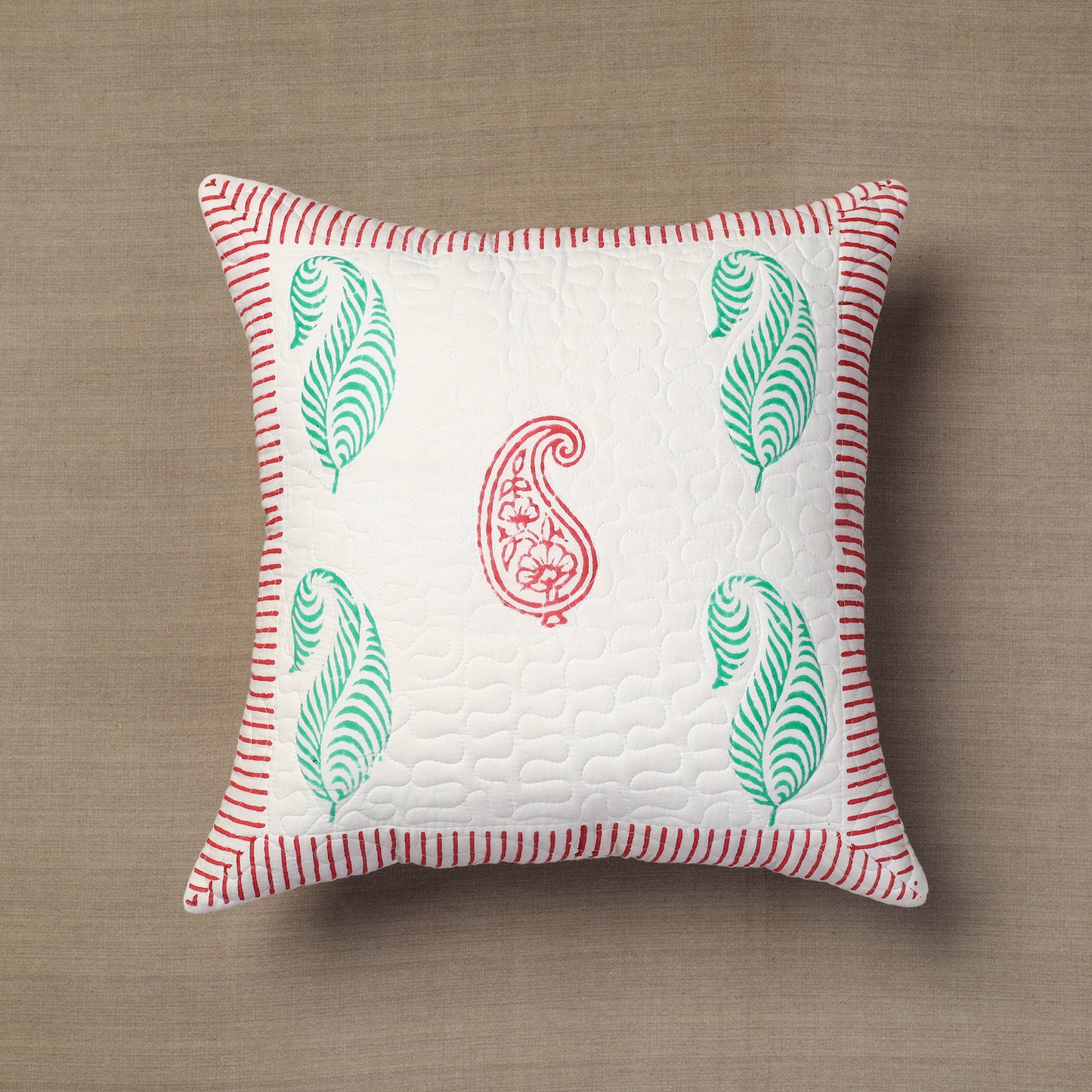 White - Sanganeri Block Printed Quilted Cotton Cushion Cover (16 x 16 in)