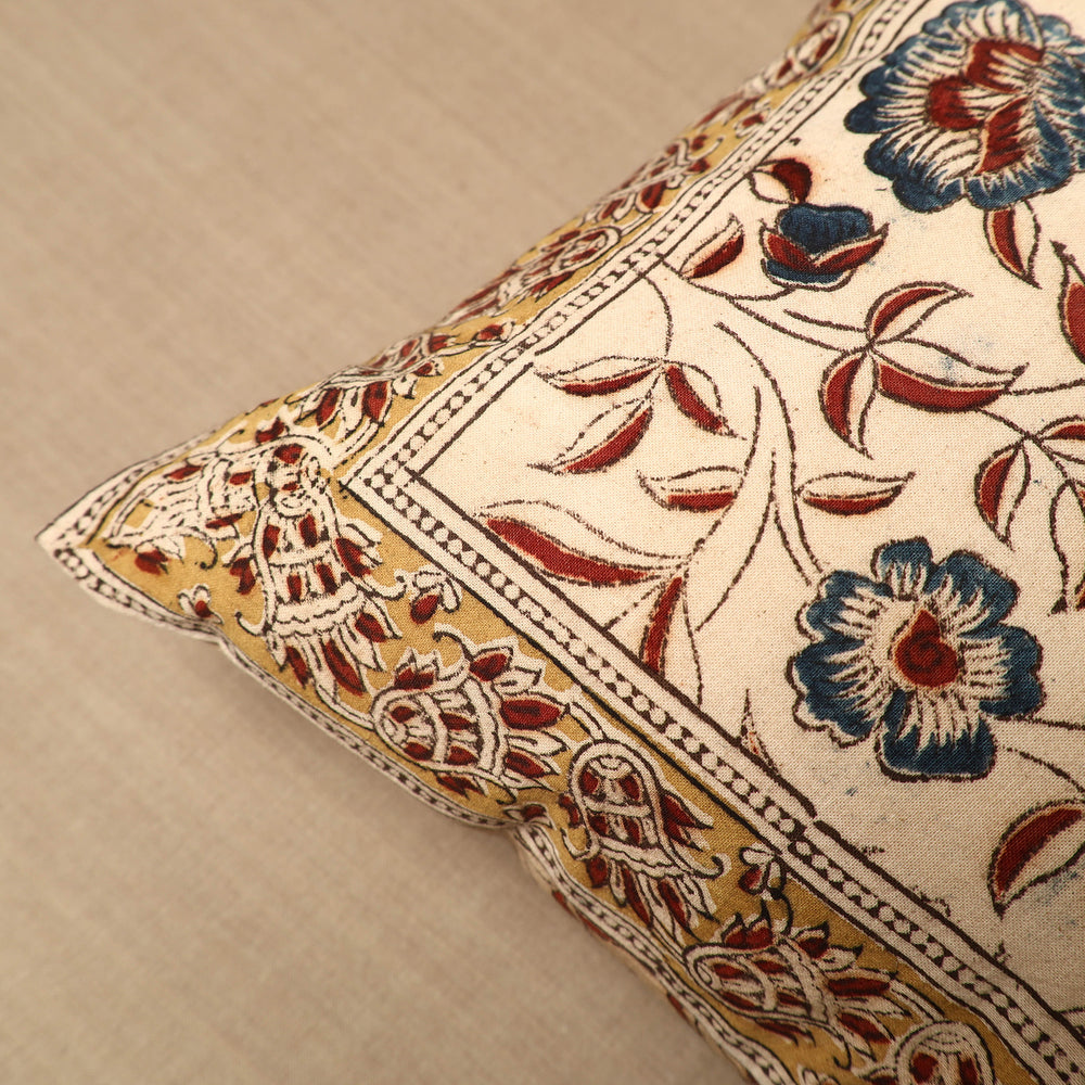 Beige - Pedana Block Print Cotton Kalamkari Cushion Cover 04