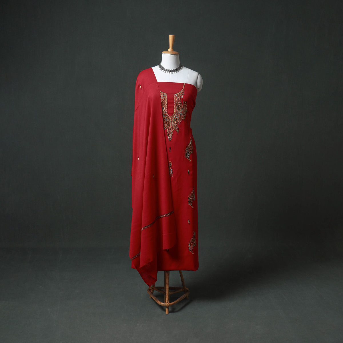 Kashmiri Sozni Hand Embroidered Pure Merino Wool Unstitched Dress Material: Kurta, Bottom with Dupatta 14