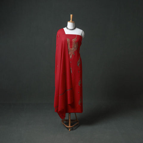 Kashmiri Sozni Hand Embroidered Pure Merino Wool Unstitched Dress Material: Kurta, Bottom with Dupatta 14