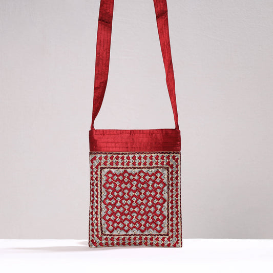 Red - Kutch Neran Hand Embroidery Mashru Silk Sling Bag