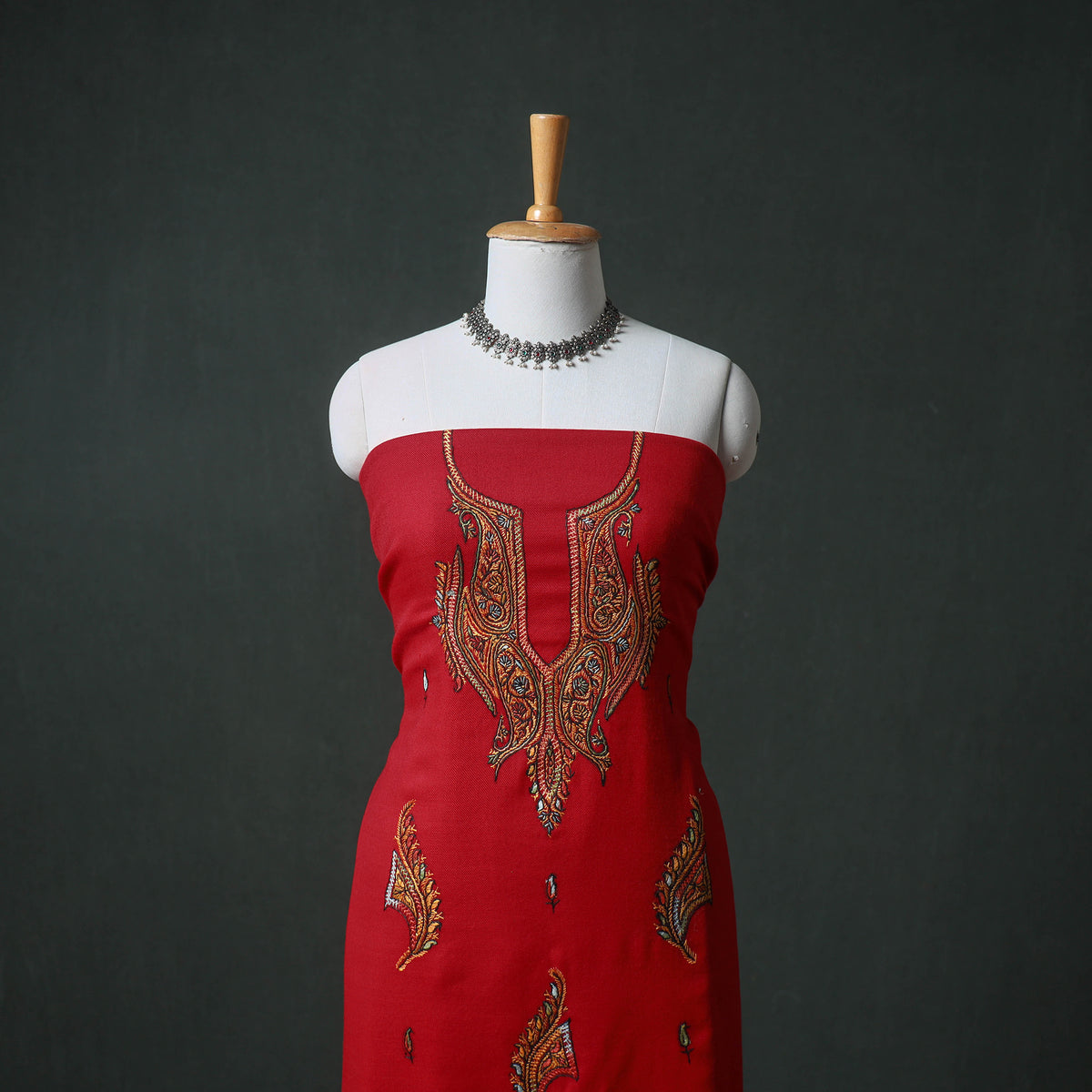 Kashmiri Sozni Hand Embroidered Pure Merino Wool Unstitched Dress Material: Kurta, Bottom with Dupatta 14