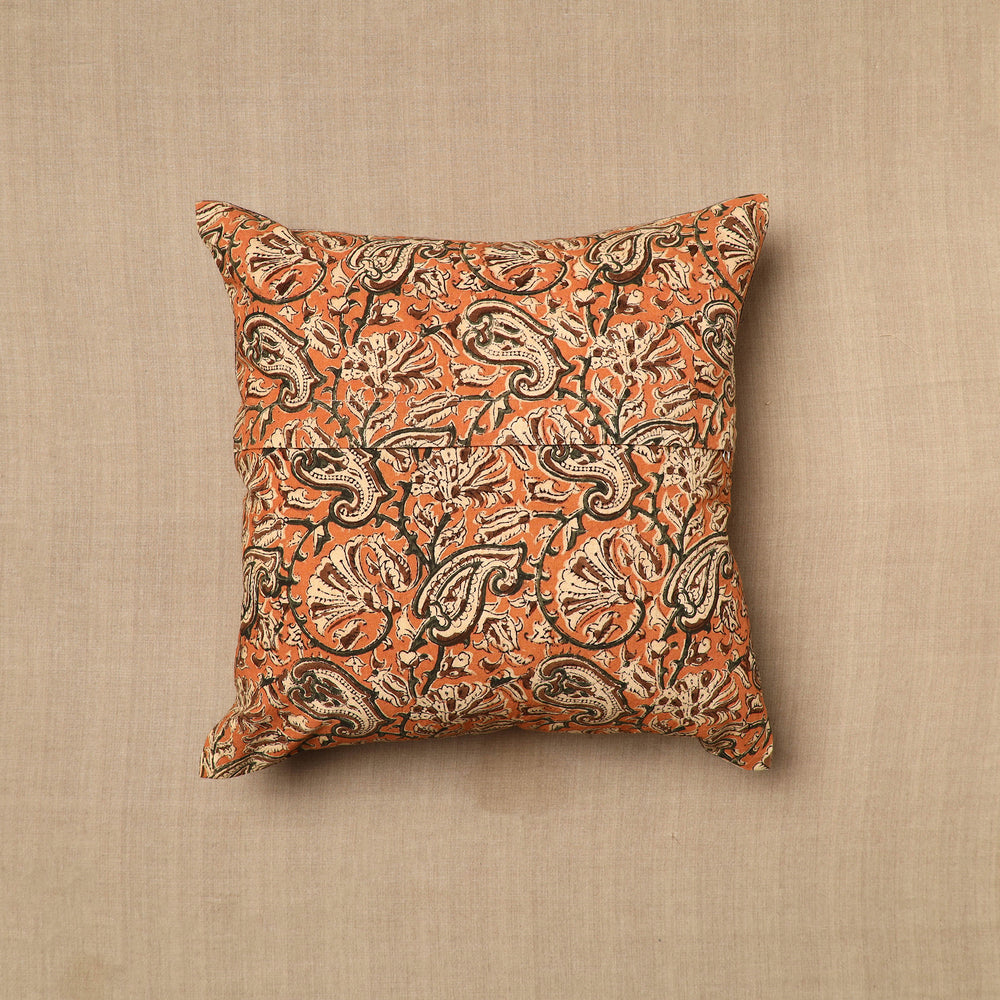 Orange - Pedana Block Print Cotton Kalamkari Cushion Cover 06