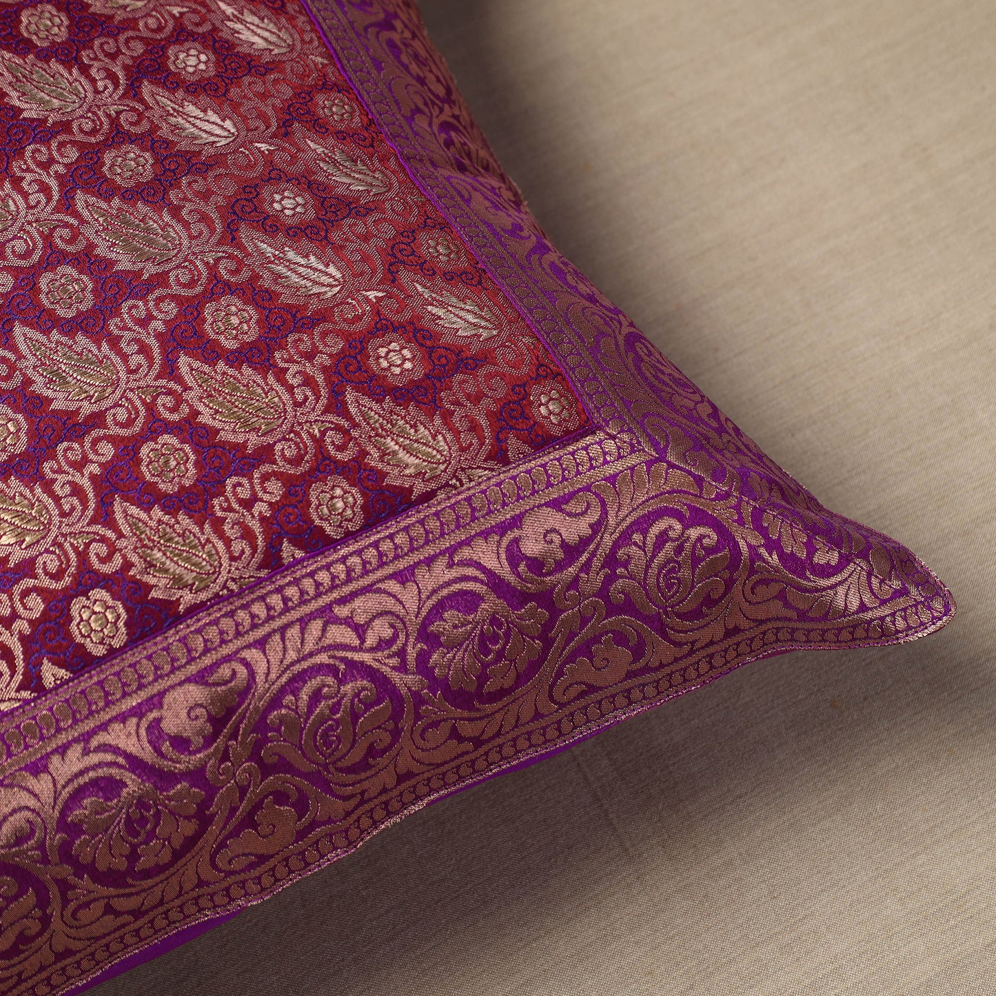 Purple - Traditional Pure Banarasi Silk Handwoven Zari Cushion Cover (16 x 16 in)