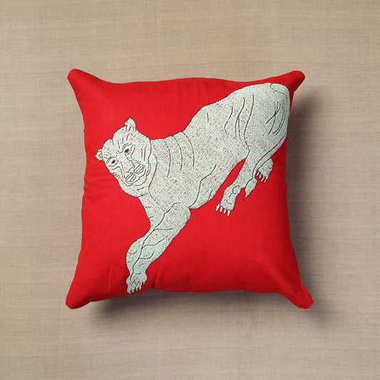 Red - Bengal Kantha Embroidery Cotton Cushion Cover (16 x 16 in)