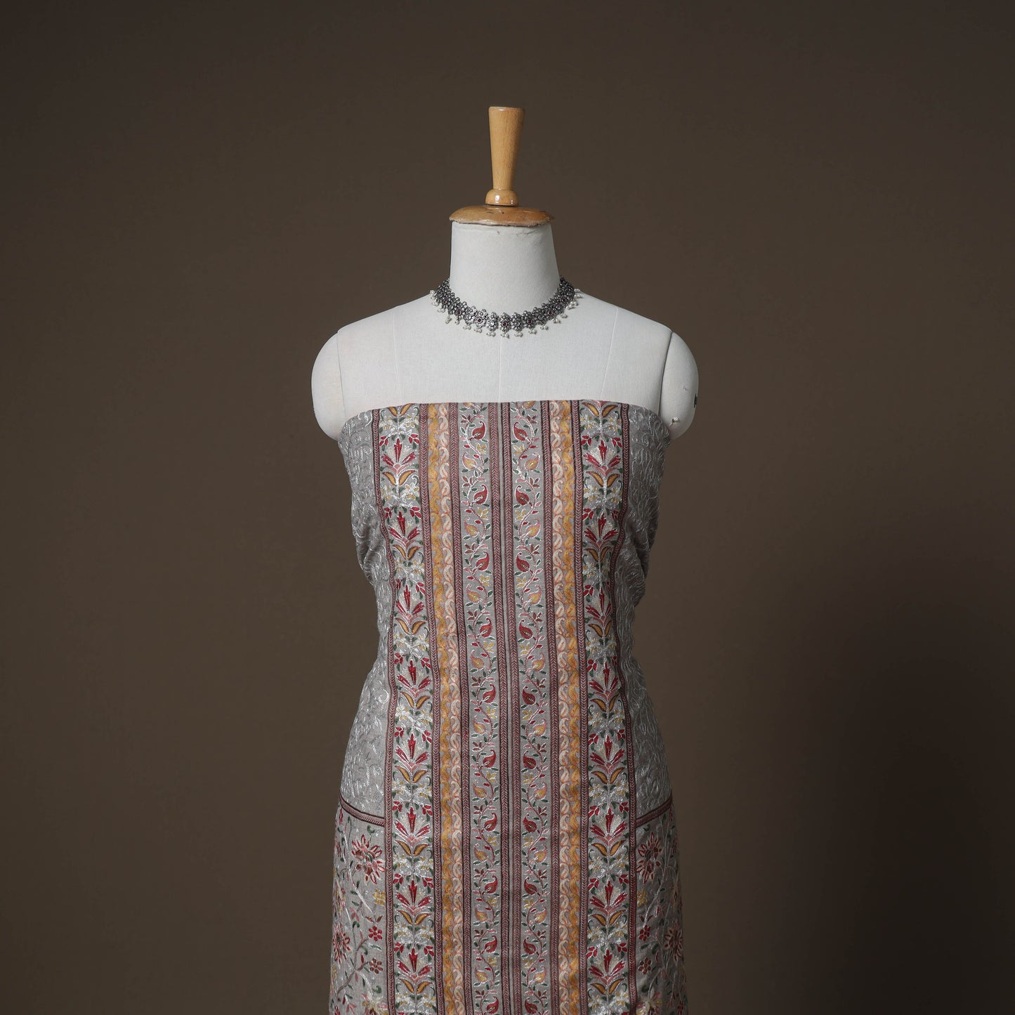 Grey - Woolen Heavy Chain Stitch Embroidered Unstitched Dress Material: Kurta, Bottom & Dupatta 18