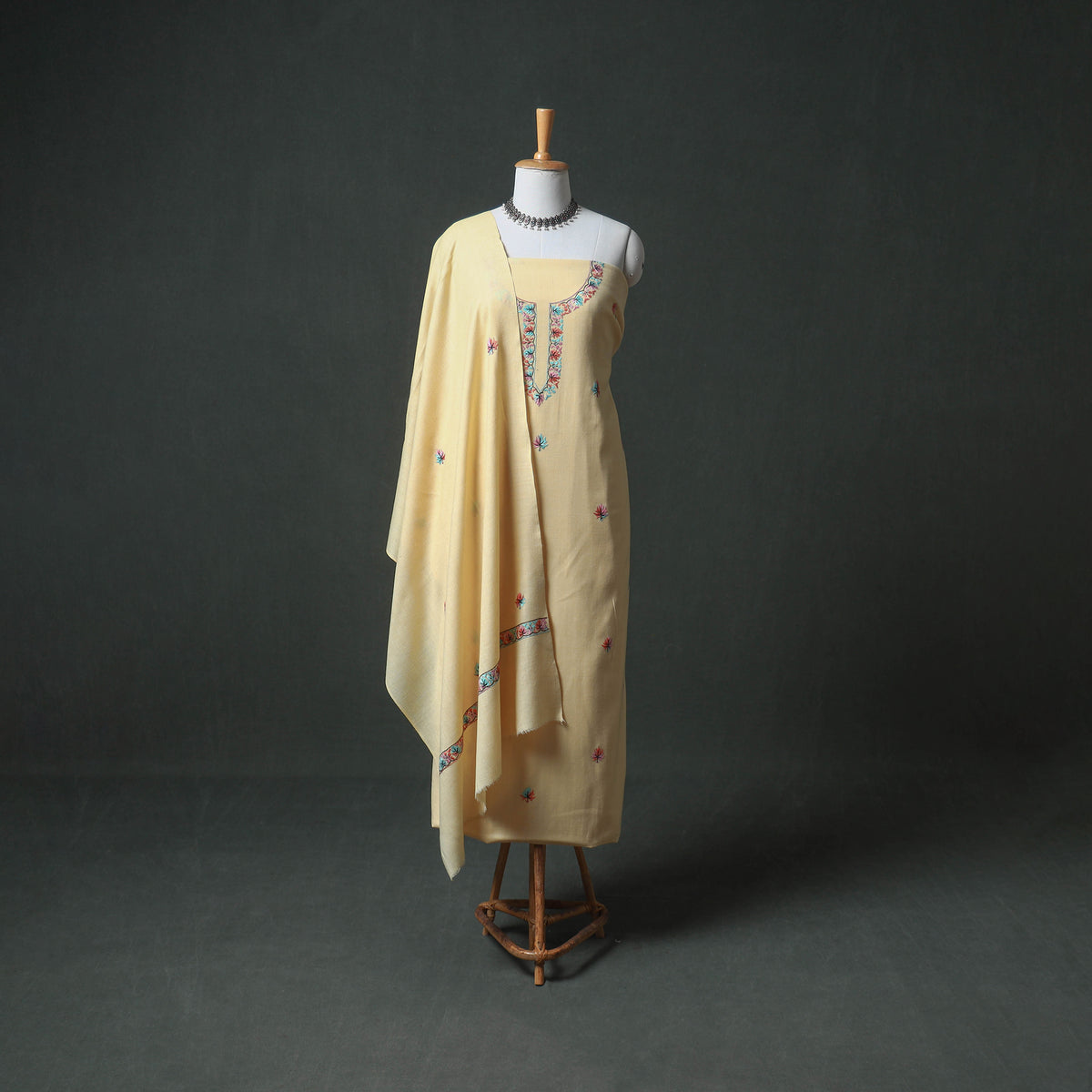 Kashmiri Sozni Hand Embroidered Pure Merino Wool Unstitched Dress Material: Kurta, Bottom with Dupatta 15