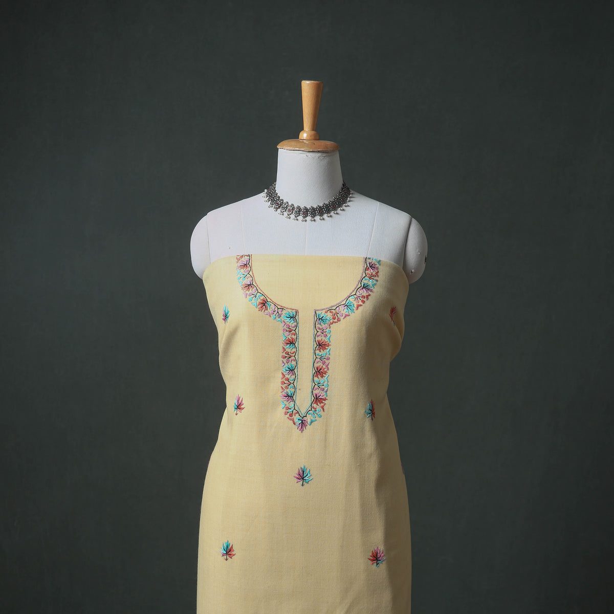 Kashmiri Sozni Hand Embroidered Pure Merino Wool Unstitched Dress Material: Kurta, Bottom with Dupatta 15