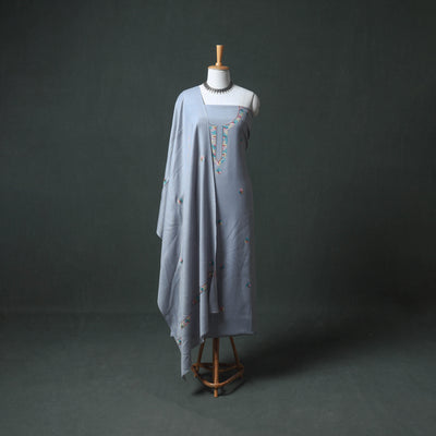Kashmiri Sozni Hand Embroidered Pure Merino Wool Unstitched Dress Material: Kurta, Bottom with Dupatta 16
