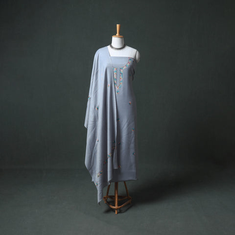 Kashmiri Sozni Hand Embroidered Pure Merino Wool Unstitched Dress Material: Kurta, Bottom with Dupatta 16
