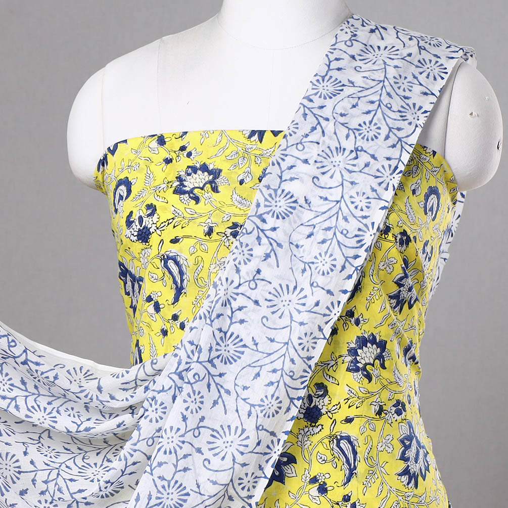 Yellow - 3pc Sanganeri Block Printed Cotton Suit Material Set 03