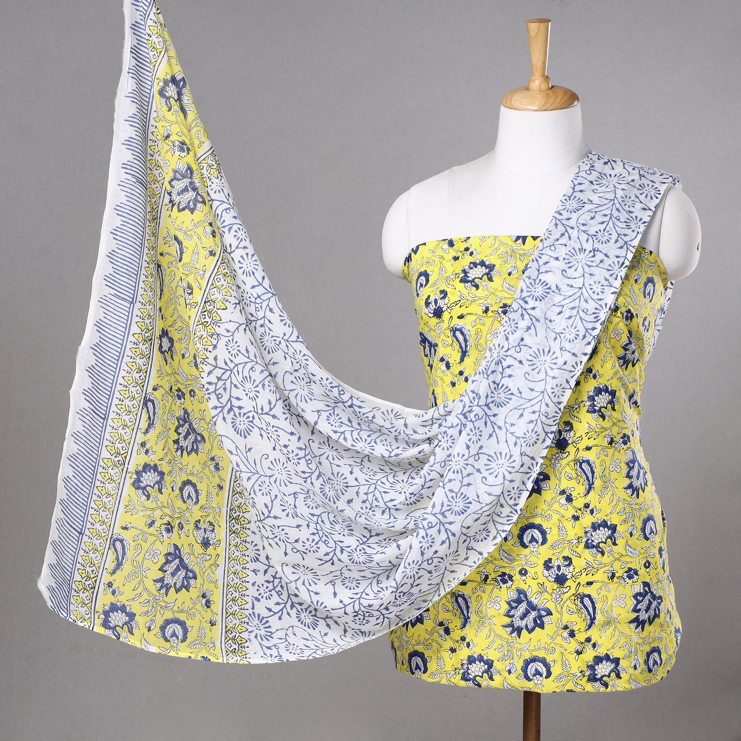 Yellow - 3pc Sanganeri Block Printed Cotton Suit Material Set 03