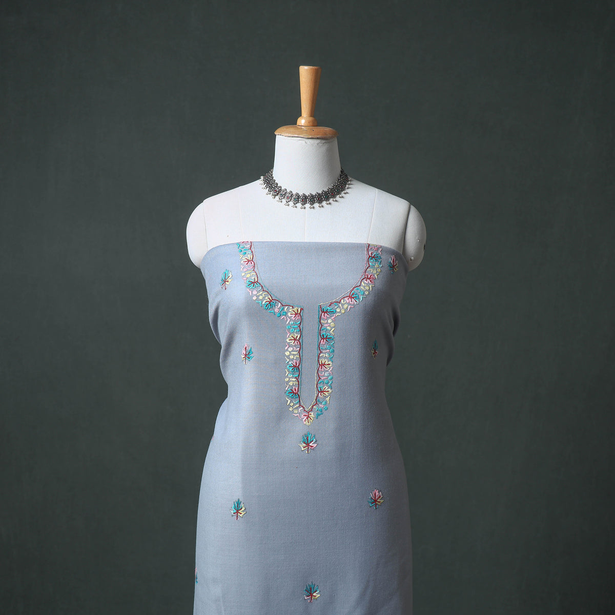 Kashmiri Sozni Hand Embroidered Pure Merino Wool Unstitched Dress Material: Kurta, Bottom with Dupatta 16
