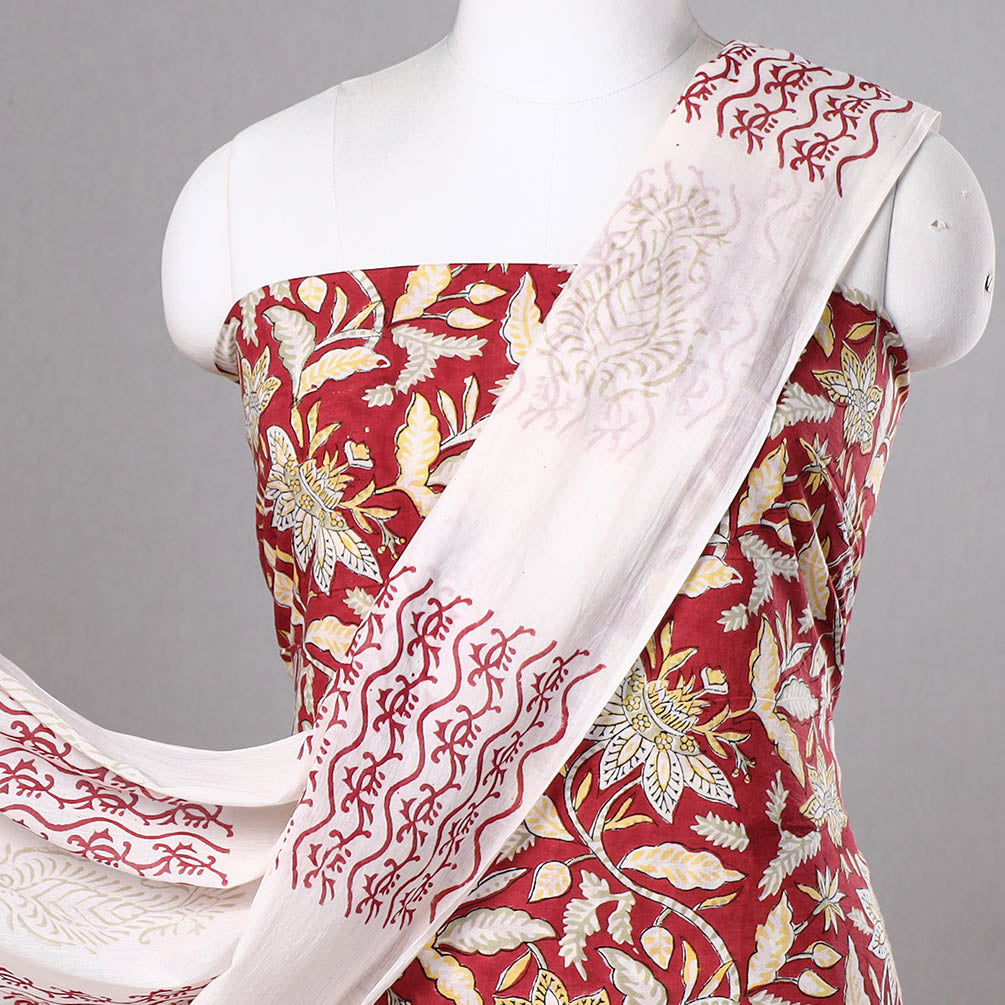 Red - 3pc Sanganeri Block Printed Cotton Suit Material Set 05