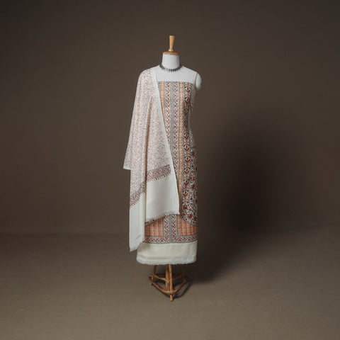 Multicolor - Woolen Heavy Chain Stitch Embroidered Unstitched Dress Material: Kurta, Bottom & Dupatta 19