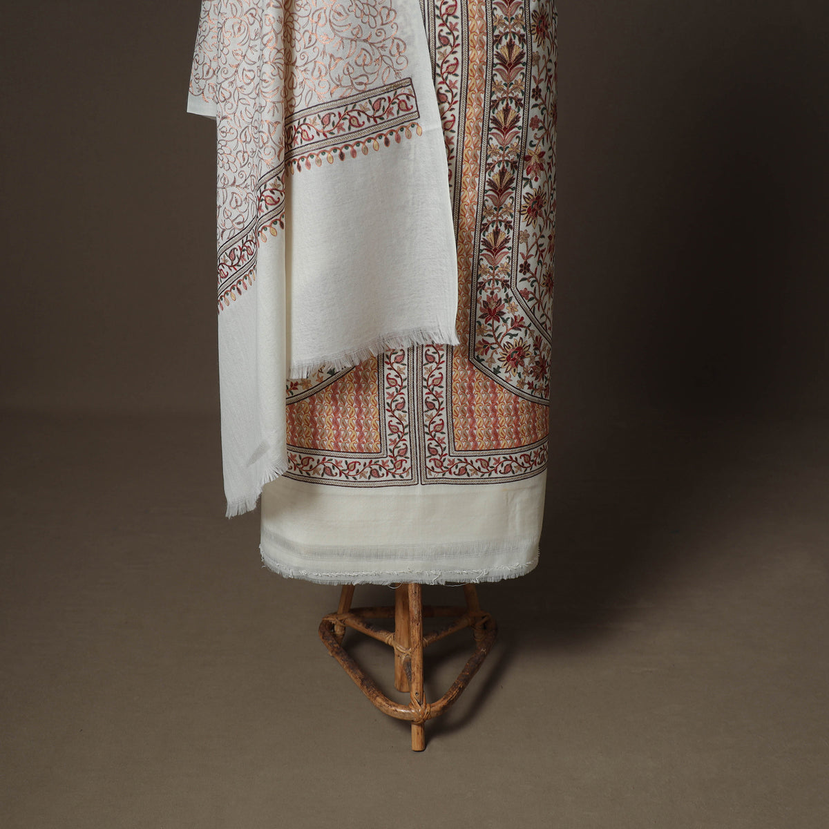 Multicolor - Woolen Heavy Chain Stitch Embroidered Unstitched Dress Material: Kurta, Bottom & Dupatta 19