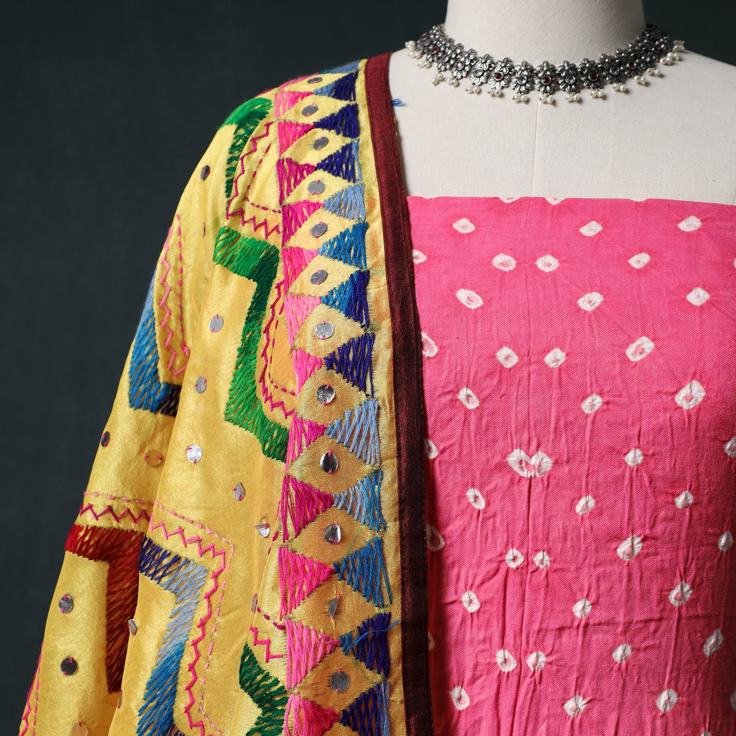 Bandhani Cotton 2pc Unstitched Dress Material Kurta Set with Earrings 03