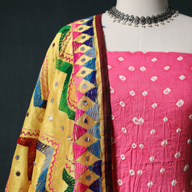 Bandhani Cotton 2pc Unstitched Dress Material Kurta Set with Earrings 03
