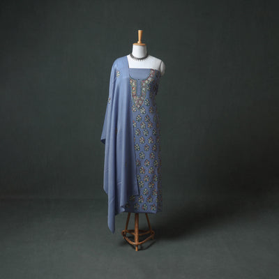 Kashmiri Aari Hand Embroidered Pure Merino Wool Unstitched Dress Material: Kurta, Bottom with Dupatta 19