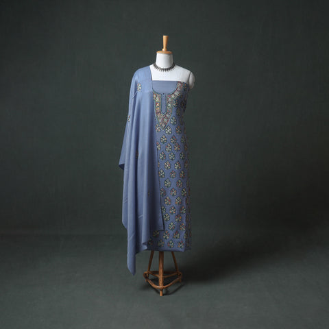 Kashmiri Aari Hand Embroidered Pure Merino Wool Unstitched Dress Material: Kurta, Bottom with Dupatta 19