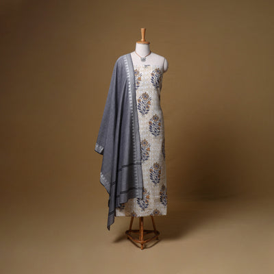 Floral Sanganeri Block Print Cotton Unstitched Dress Material: Kurta, Bottom & Dupatta with Jewellery 01