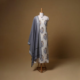 Floral Sanganeri Block Print Cotton Unstitched Dress Material: Kurta, Bottom & Dupatta with Jewellery 01