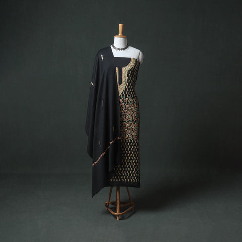 Kashmiri Aari Hand Embroidered Pure Merino Wool Unstitched Dress Material: Kurta, Bottom with Dupatta 21